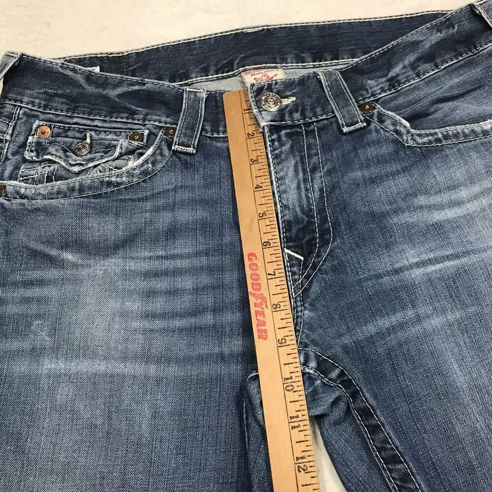 TRUE RELIGION Ricky Jean Men 34(36x28) Light Wash Whisker Distressed Flap Pocket